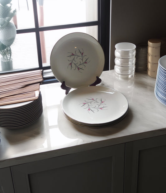 Set of 4 Don Schreckengost 1950s mid-century modern dinner plates with pink and black abstract pattern