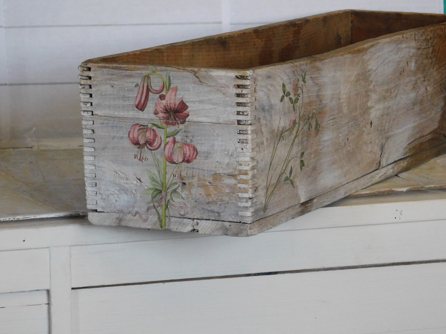 Beautiful Antique Wood Box. After many years I decided to have a little fun with applying transfers to the front and both sides.
