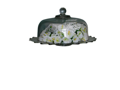 Shabby Chic Glass Cake Stand with Lid | Styled with White Flowers & Ribbons