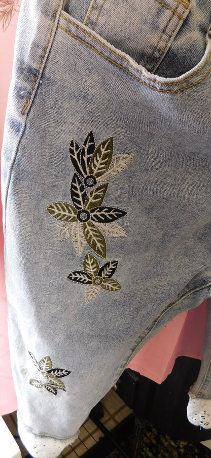 Floral & Lace Detail Cotton Jeans
