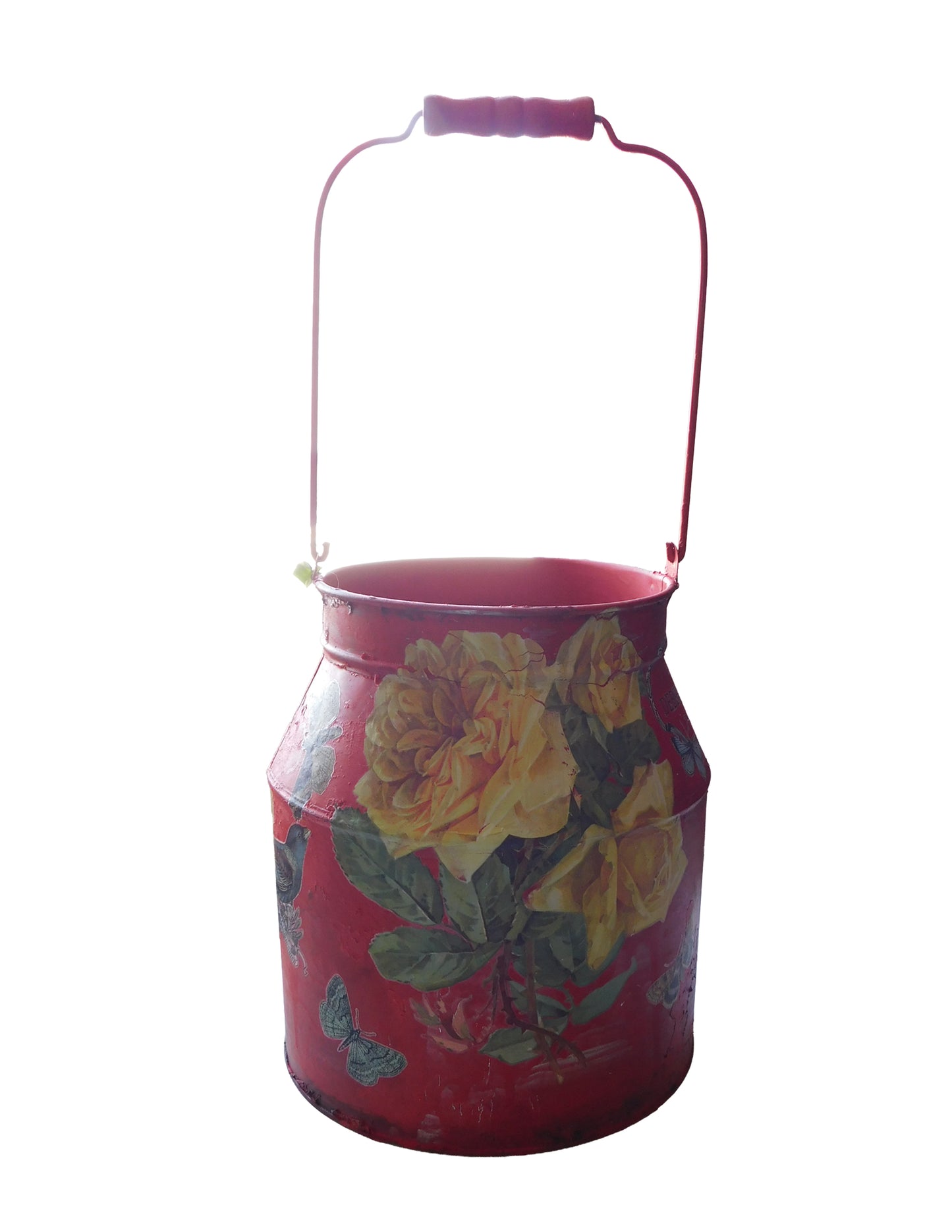 Red Metal Milk Jug Bucket with Hand-Painted Yellow Roses