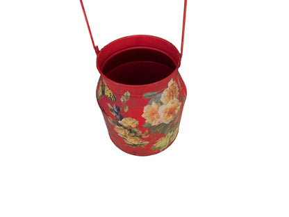 Red Metal Milk Jug Bucket with Hand-Painted Yellow Roses
