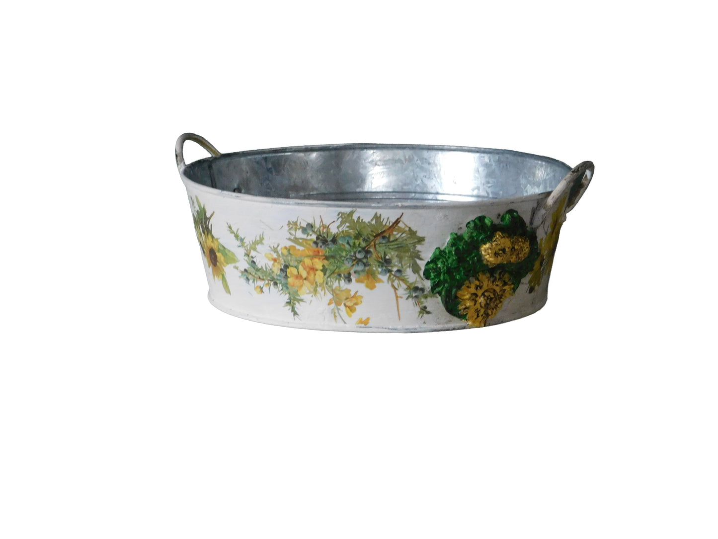 Shabby Chic Yellow Floral Metal Planter with Handmade Transfers